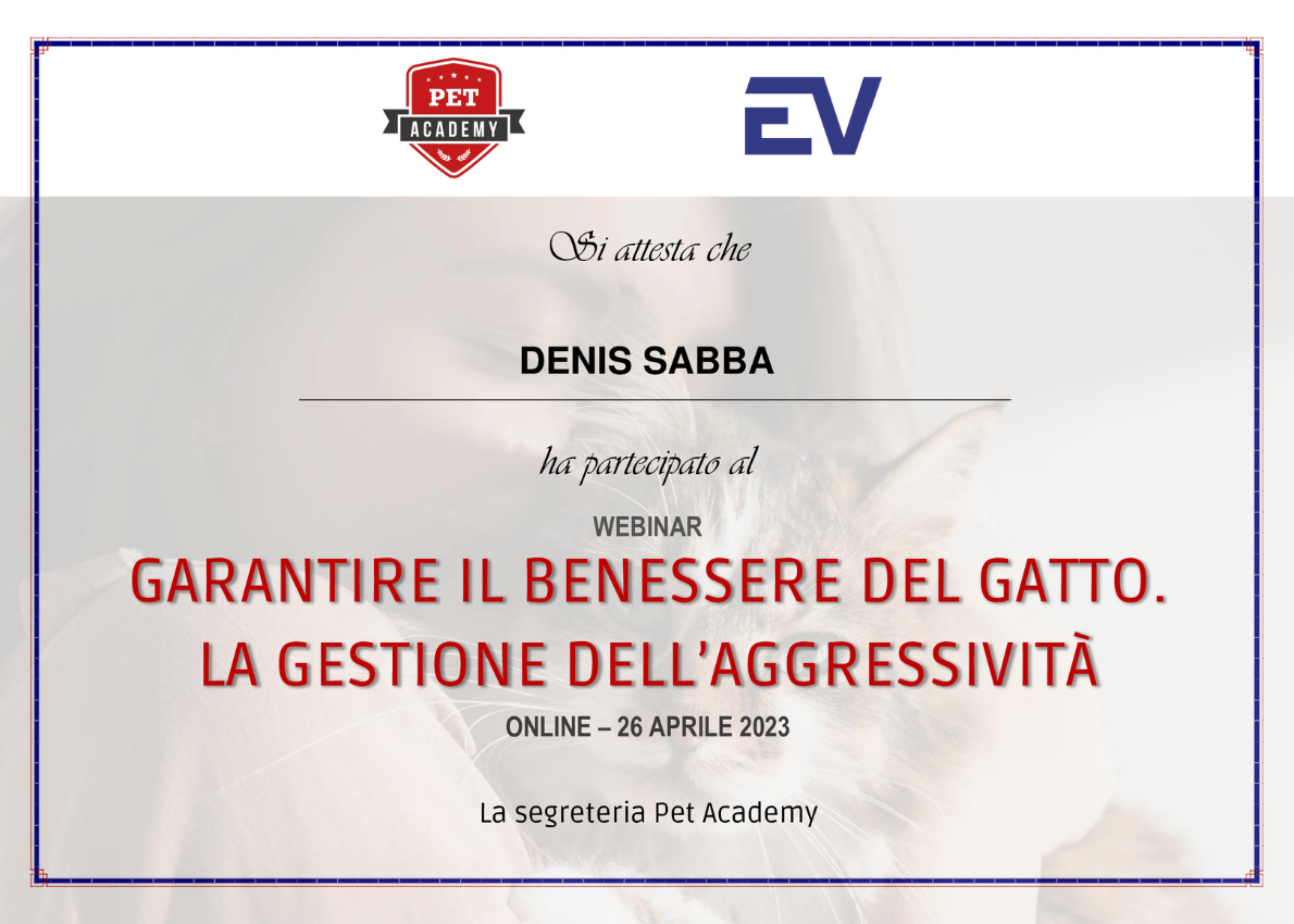 Attestato Denis Sabba Garantire il benessere del gatto e la gestione dell'aggressività